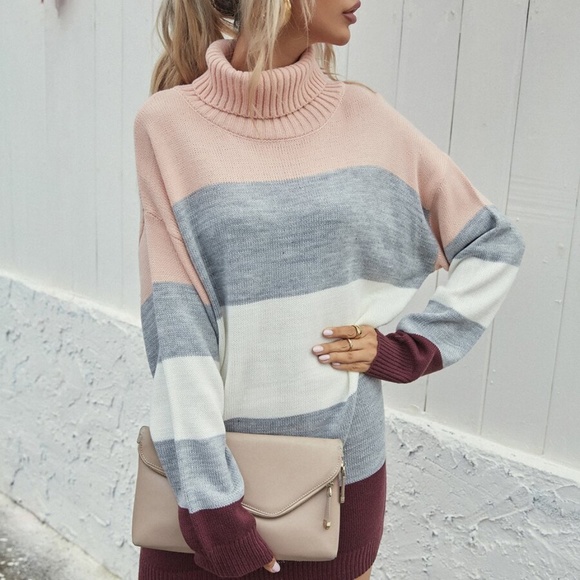 color block turtleneck striped knit sweater dress - Picture 2 of 6